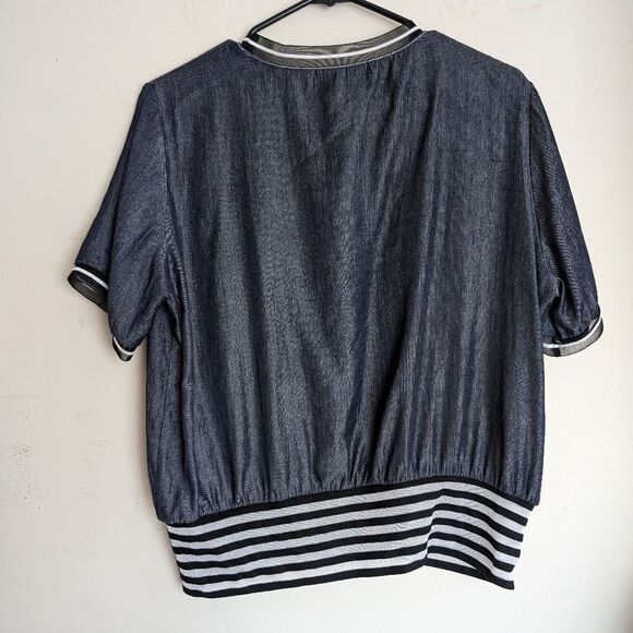 Unique Silk denim look striped shirt sleeve top size M - Picture 2 of 2